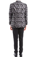 Terno smoking masculino preto e prateado com estampa paisley, 3 peças, para casamento, formatura e festa do noivo.