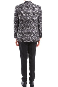 Terno smoking masculino preto e prateado com estampa paisley, 3 peças, para casamento, formatura e festa do noivo.