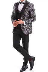 Terno smoking masculino preto e prateado com estampa paisley, 3 peças, para casamento, formatura e festa do noivo.