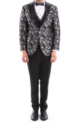 Terno smoking masculino preto e prateado com estampa paisley, 3 peças, para casamento, formatura e festa do noivo.