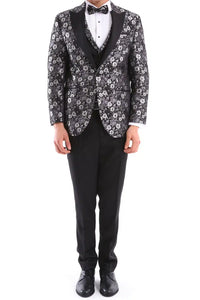 Terno smoking masculino preto e prateado com estampa paisley, 3 peças, para casamento, formatura e festa do noivo.