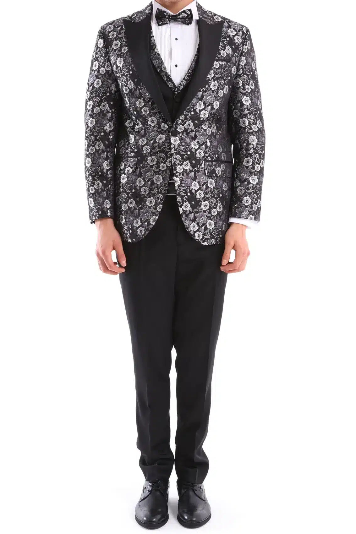 Terno smoking masculino preto e prateado com estampa paisley, 3 peças, para casamento, formatura e festa do noivo.
