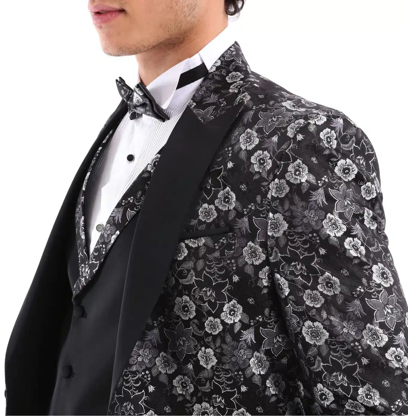 Terno smoking masculino preto e prateado com estampa paisley, 3 peças, para casamento, formatura e festa do noivo.