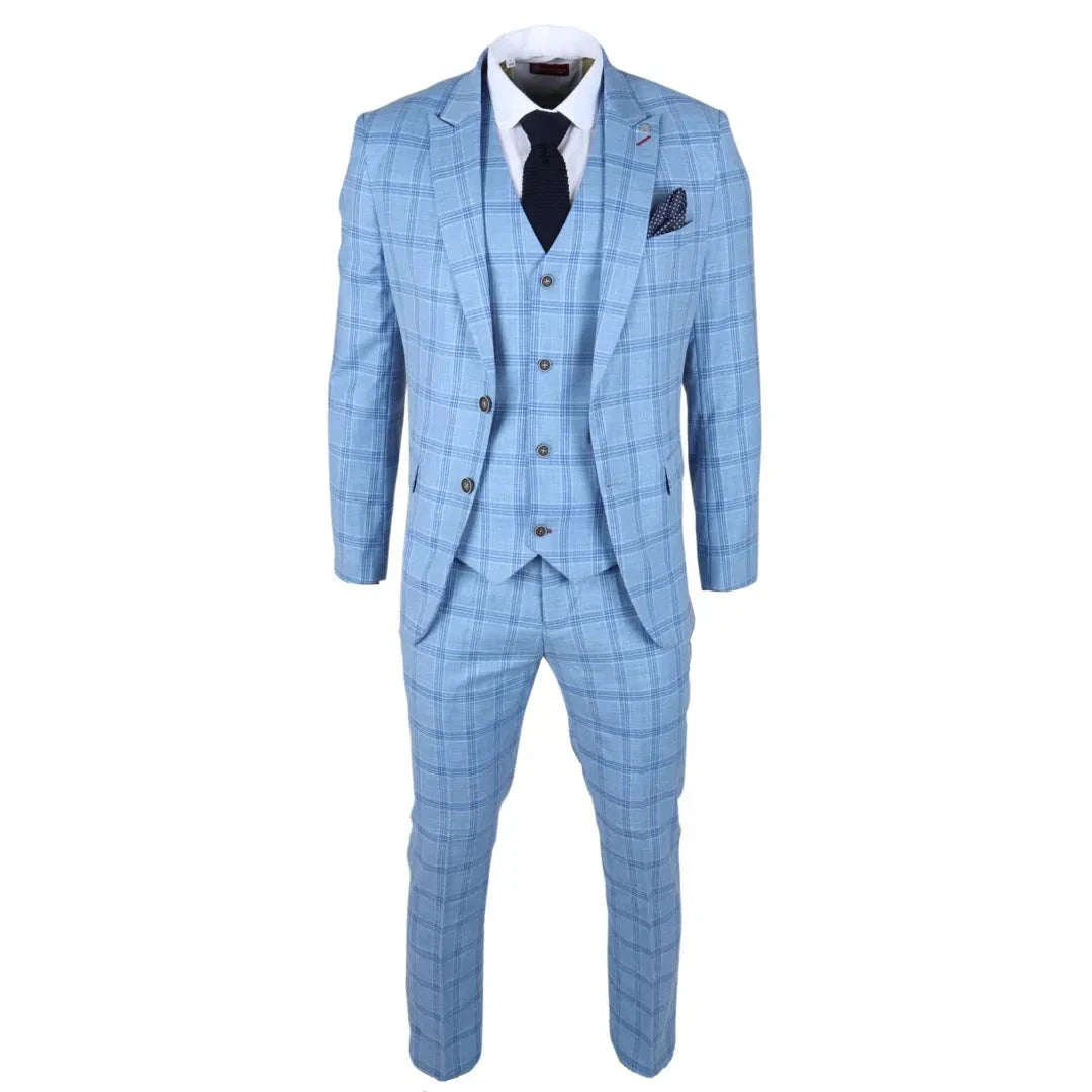 Terno xadrez azul claro de 3 peças masculino da Plowman