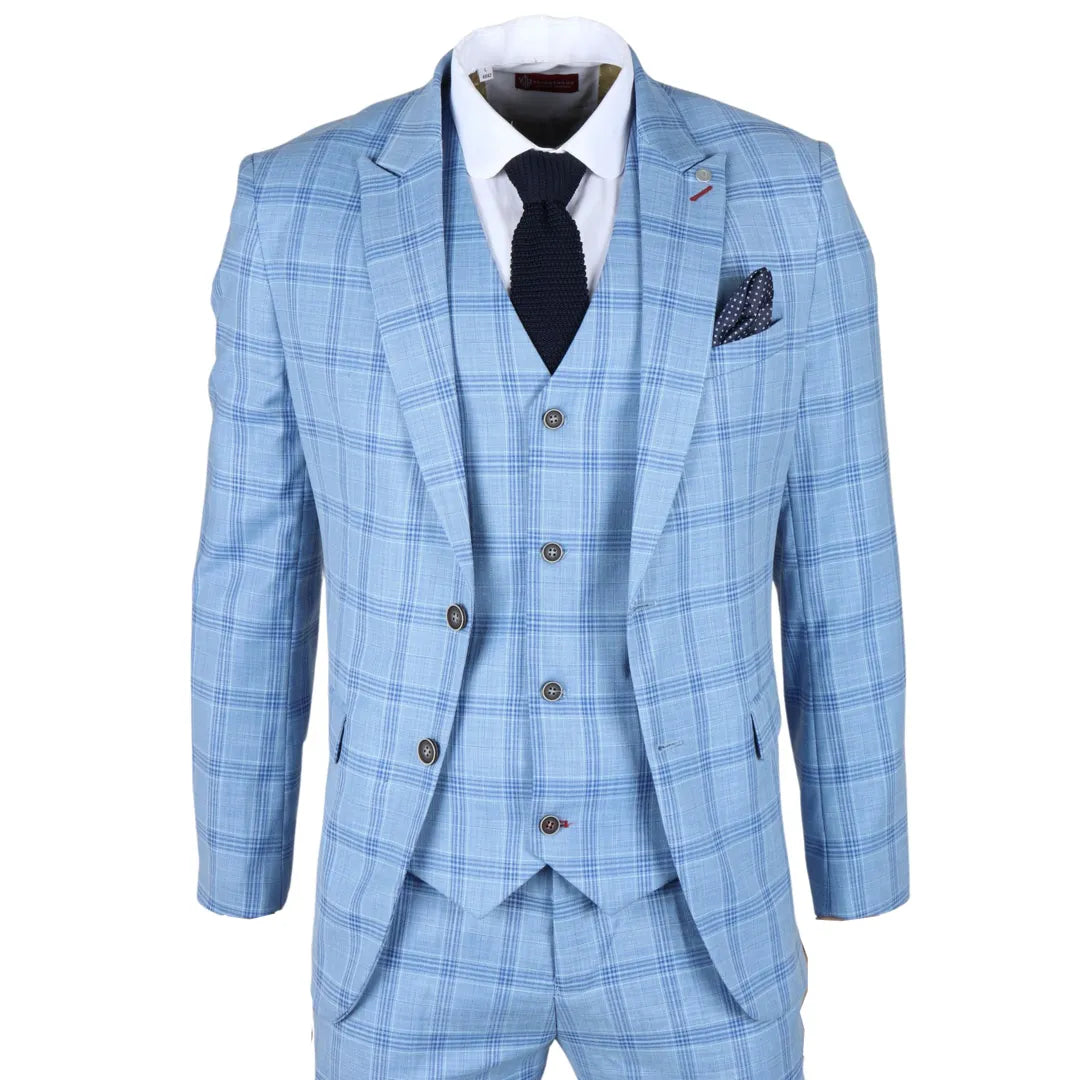 Terno xadrez azul claro de 3 peças masculino da Plowman