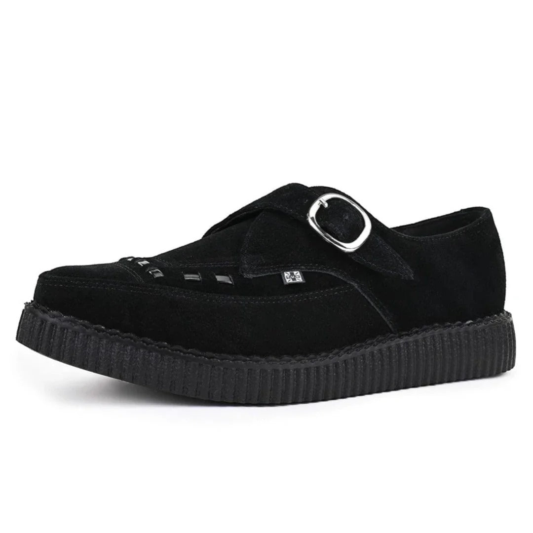 Sapatos plataforma de camurça preta com bico fino e fivela Monk
