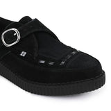 Sapatos plataforma de camurça preta com bico fino e fivela Monk