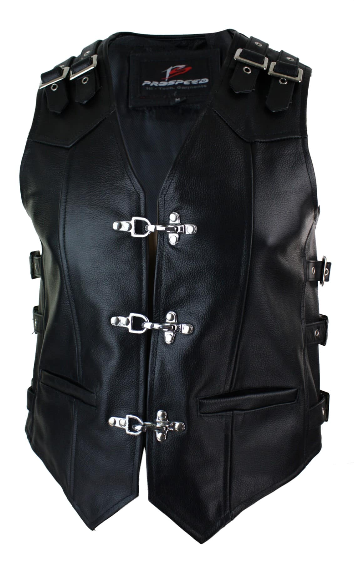 Colete masculino de couro legítimo para motociclista, com fivela e gancho para cinto.
