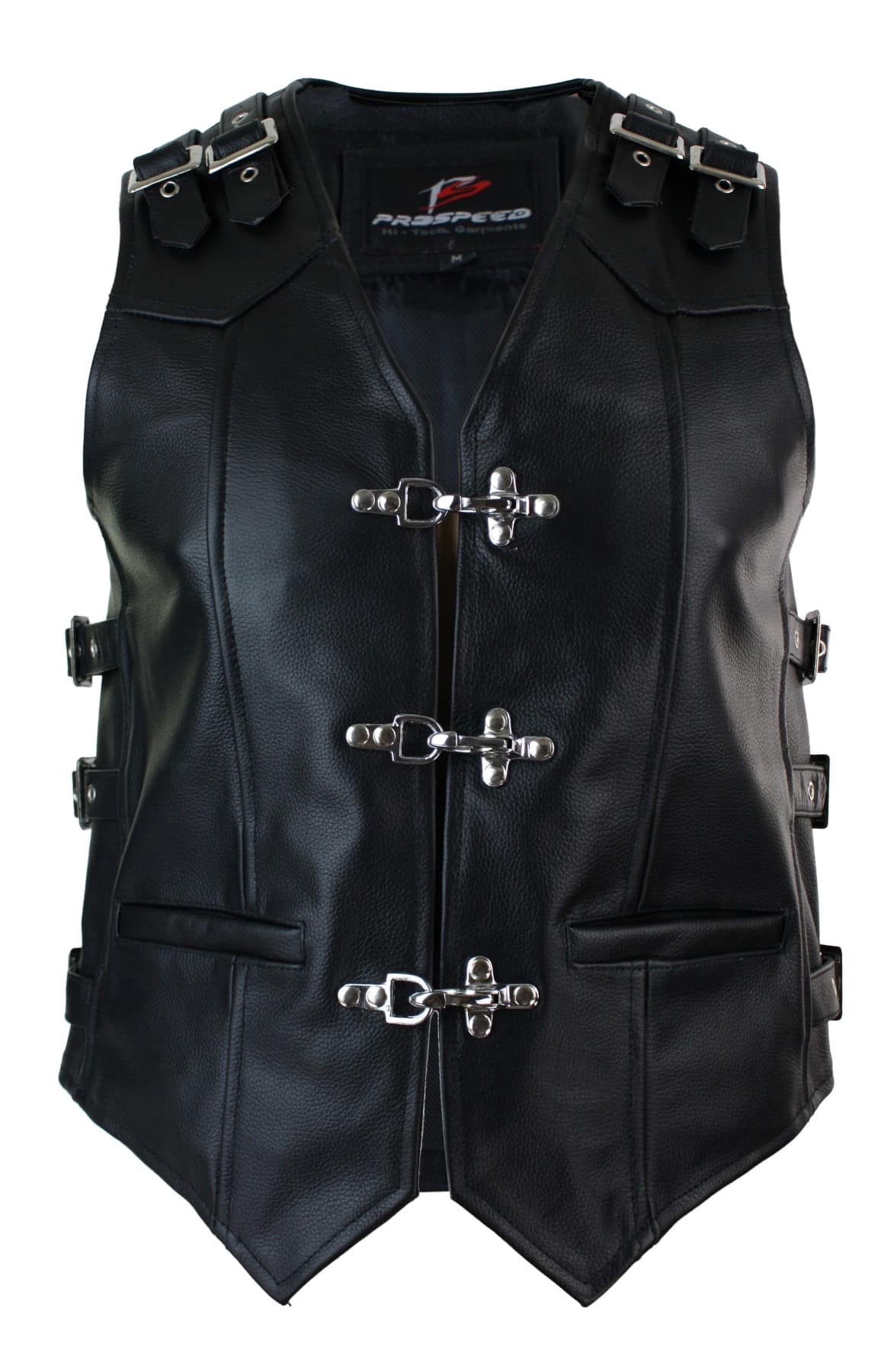 Colete masculino de couro legítimo para motociclista, com fivela e gancho para cinto.