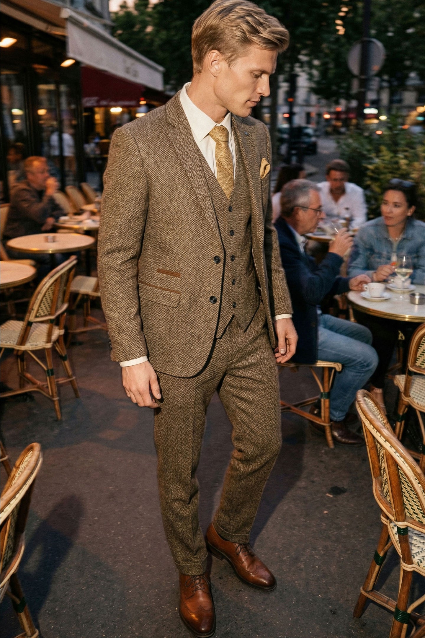 Terno masculino de tweed xadrez de 3 peças - Marrom
