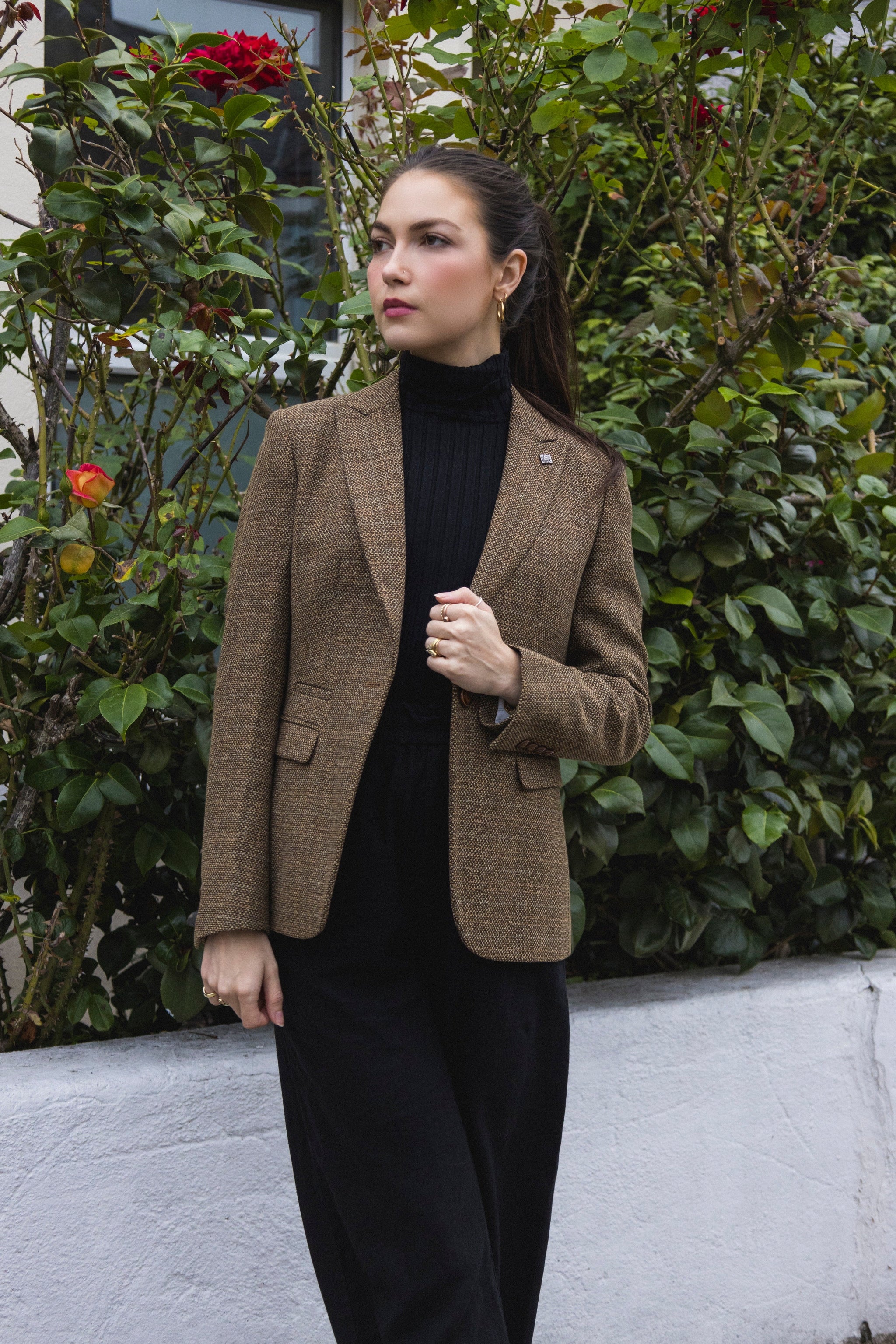 Ralph - Blazer feminino de tweed marrom com corte ajustado
