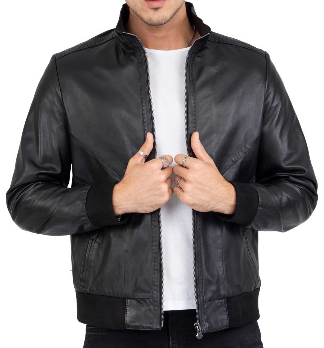 Jaqueta bomber preta em couro de cordeiro legítimo para homem, corte regular - B210
