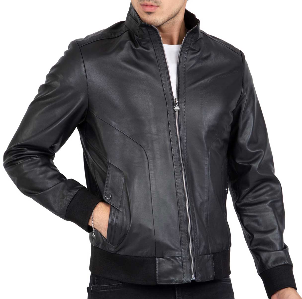 Jaqueta bomber preta em couro de cordeiro legítimo para homem, corte regular - B210