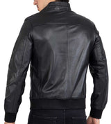 Jaqueta bomber preta em couro de cordeiro legítimo para homem, corte regular - B210