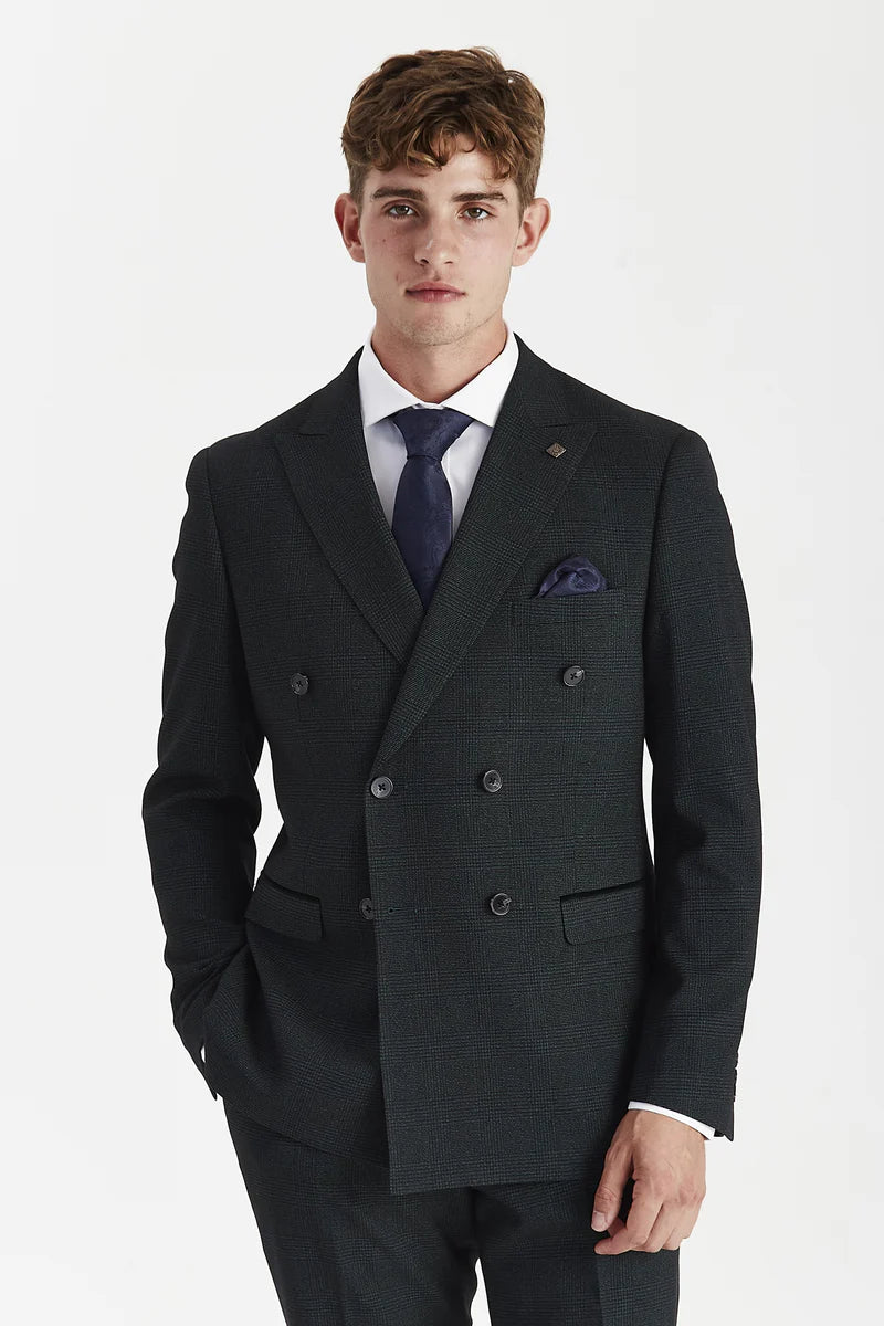 Regent - Blazer xadrez verde de abotoamento duplo para homem