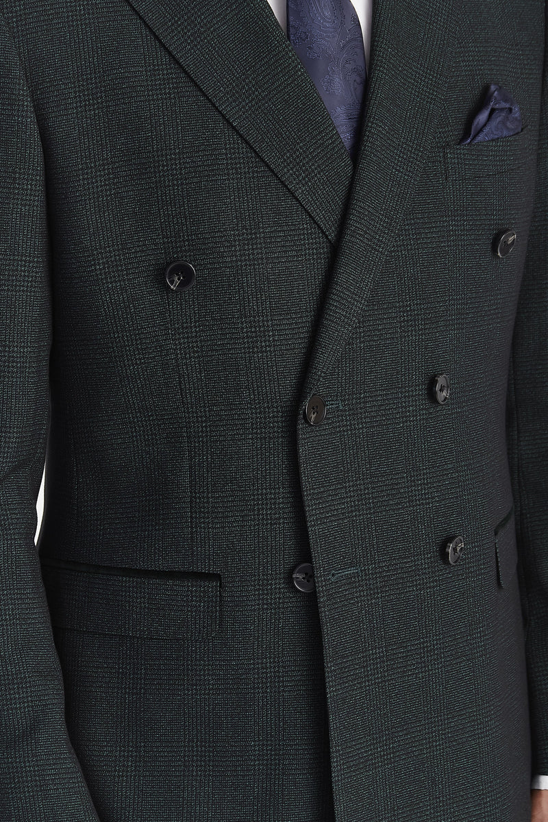 Regent - Blazer xadrez verde de abotoamento duplo para homem
