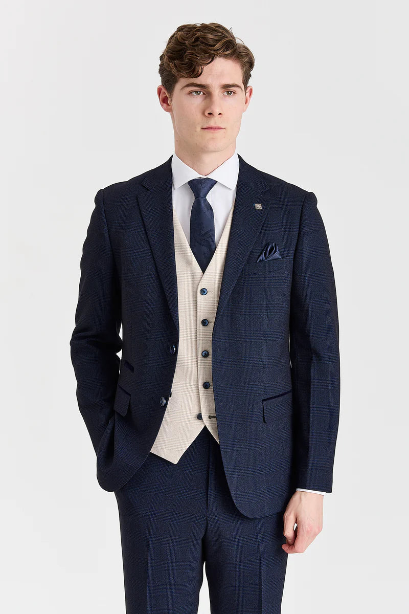 Terno xadrez azul-marinho Regent com colete creme Regent contrastante.
