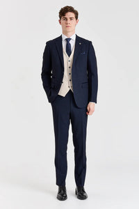 Terno xadrez azul-marinho Regent com colete creme Regent contrastante.