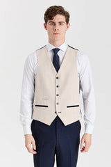 Terno xadrez azul-marinho Regent com colete creme Regent contrastante.