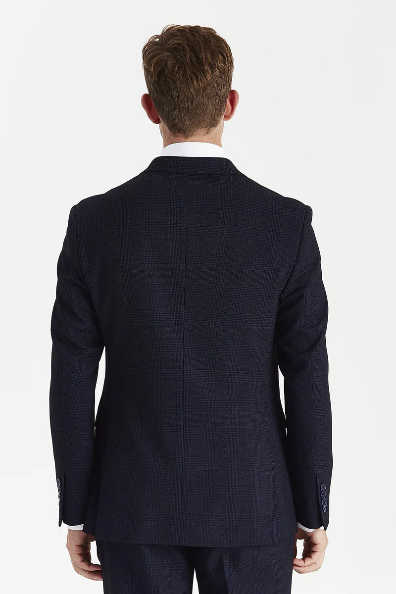 Regent - Blazer xadrez azul-marinho de abotoamento duplo para homem