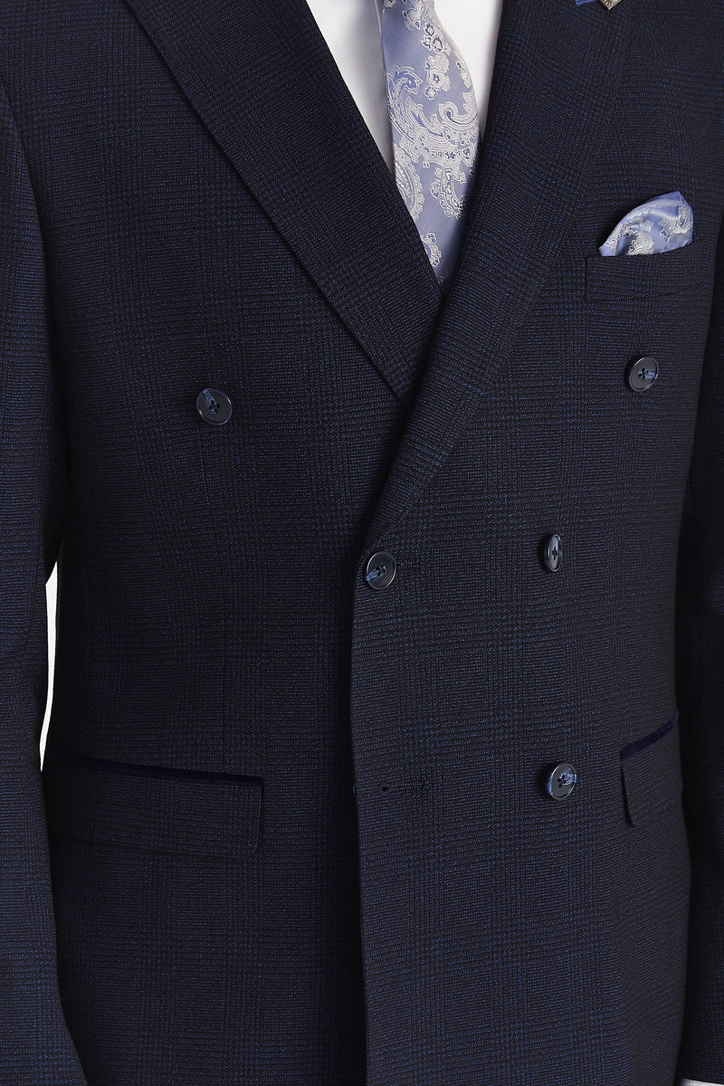 Regent - Blazer xadrez azul-marinho de abotoamento duplo para homem