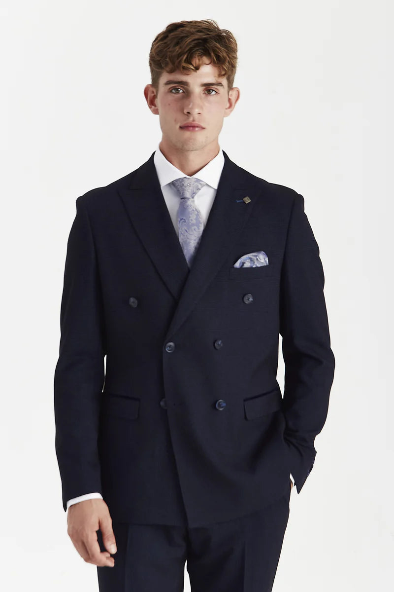 Regent - Blazer xadrez azul-marinho de abotoamento duplo para homem