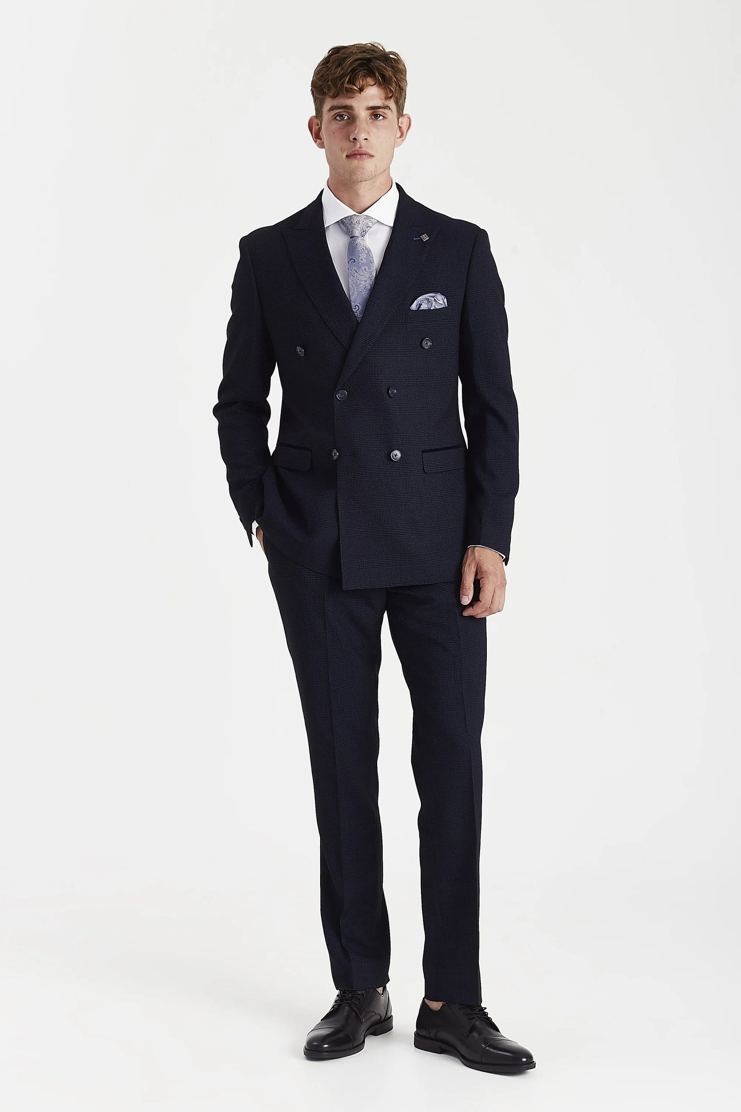 Regent - Blazer xadrez azul-marinho de abotoamento duplo para homem