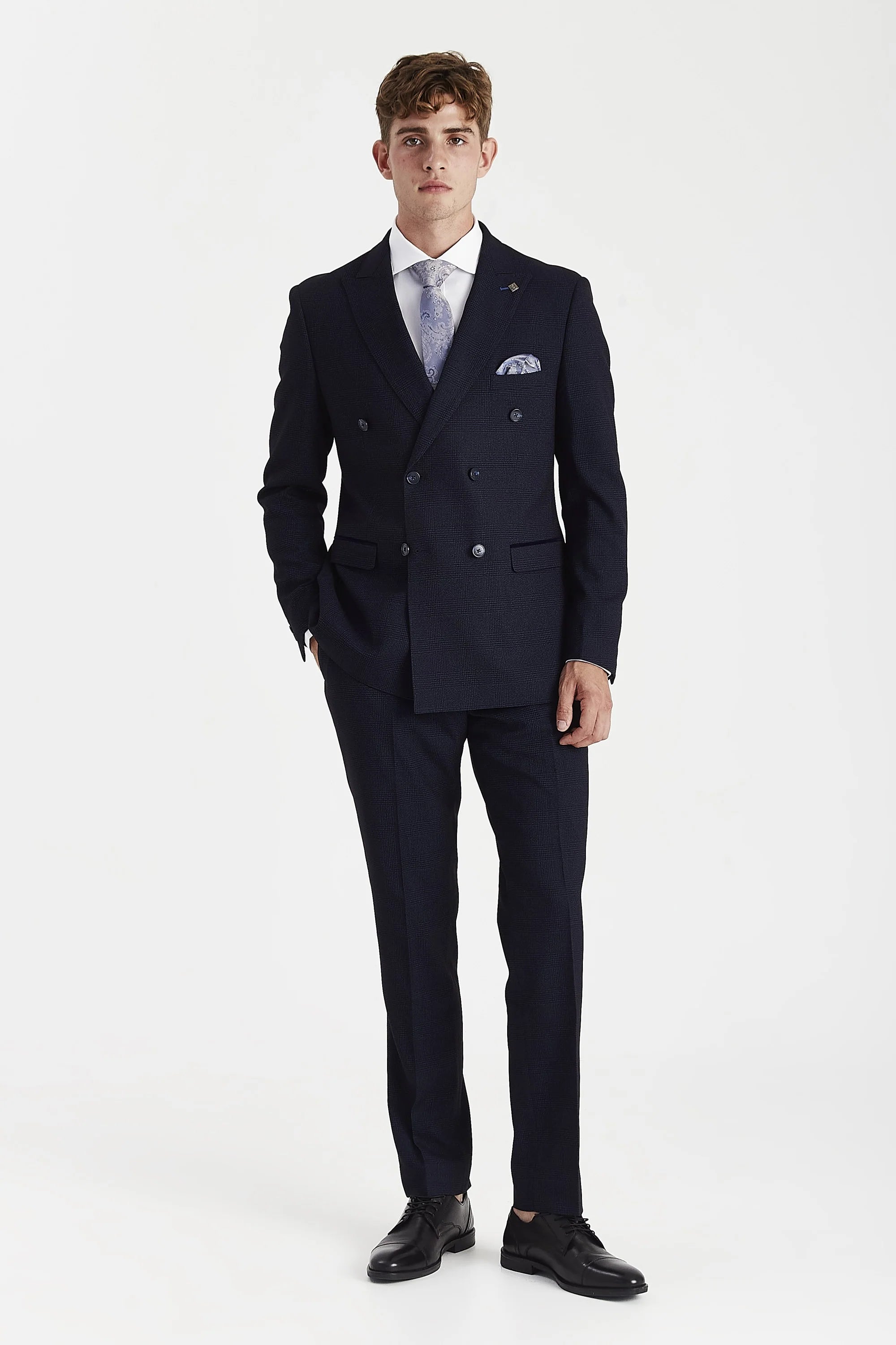 Regent - Blazer xadrez azul-marinho de abotoamento duplo para homem