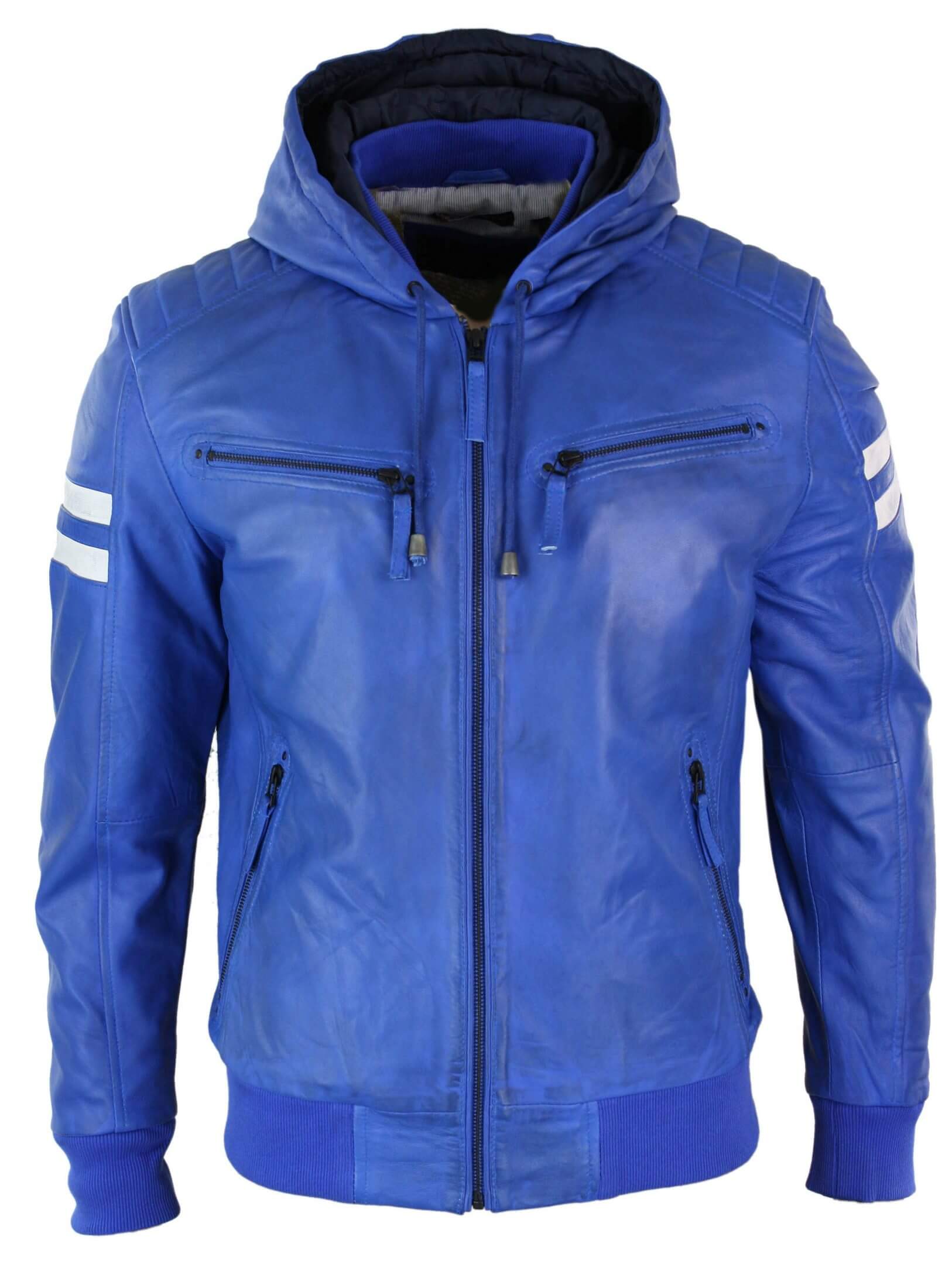 Jaqueta Bomber Masculina Realy em Couro com Capuz - Azul