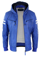 Jaqueta Bomber Masculina Realy em Couro com Capuz - Azul