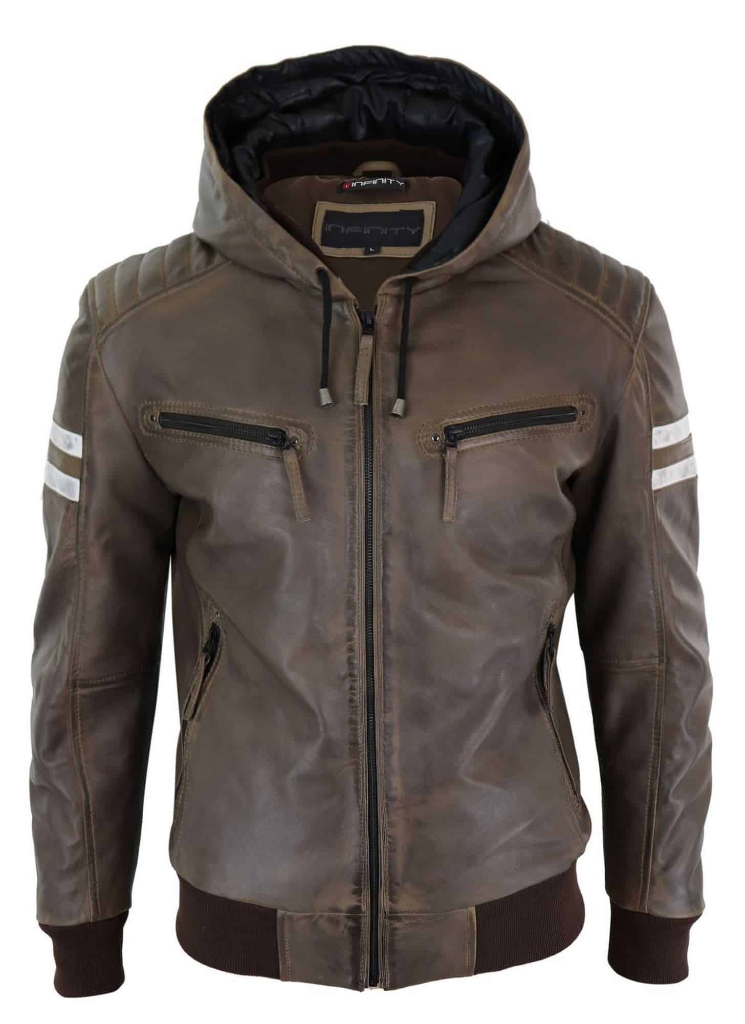 Jaqueta Bomber Masculina em Couro Legítimo com Capuz - Marrom