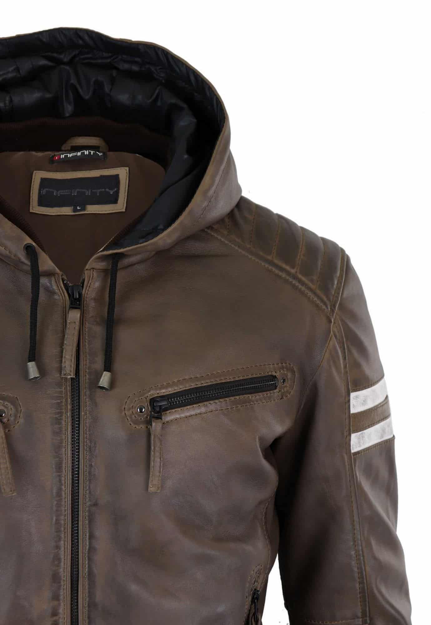 Jaqueta Bomber Masculina em Couro Legítimo com Capuz - Marrom