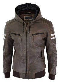Jaqueta Bomber Masculina em Couro Legítimo com Capuz - Marrom