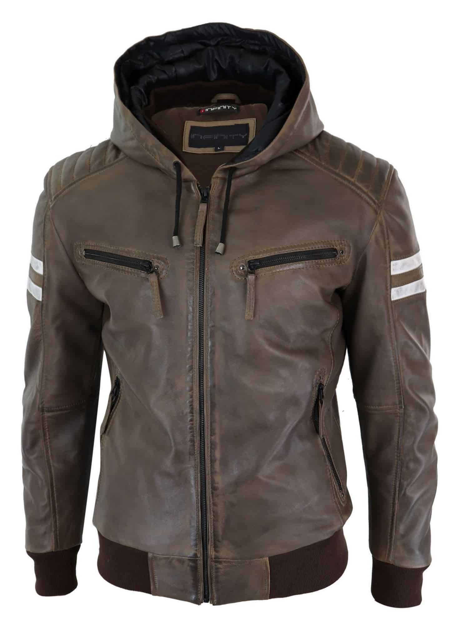 Jaqueta Bomber Masculina em Couro Legítimo com Capuz - Marrom