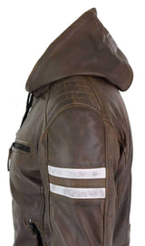 Jaqueta Bomber Masculina em Couro Legítimo com Capuz - Marrom