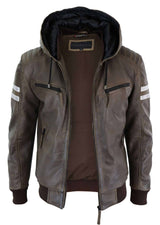 Jaqueta Bomber Masculina em Couro Legítimo com Capuz - Marrom