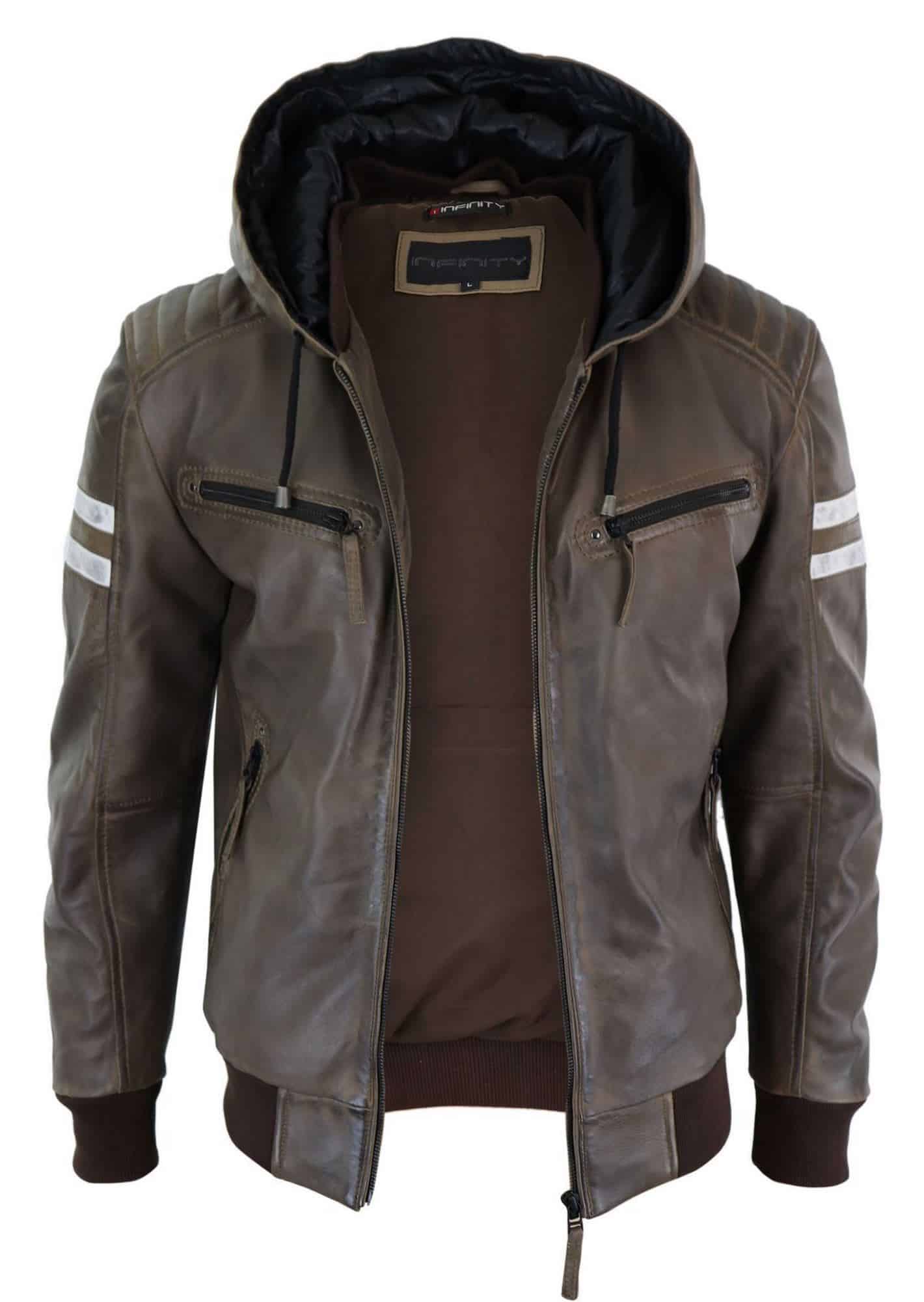 Jaqueta Bomber Masculina em Couro Legítimo com Capuz - Marrom