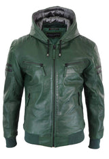 Jaqueta Bomber Masculina de Couro Legítimo com Capuz - Verde