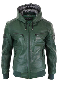 Jaqueta Bomber Masculina de Couro Legítimo com Capuz - Verde