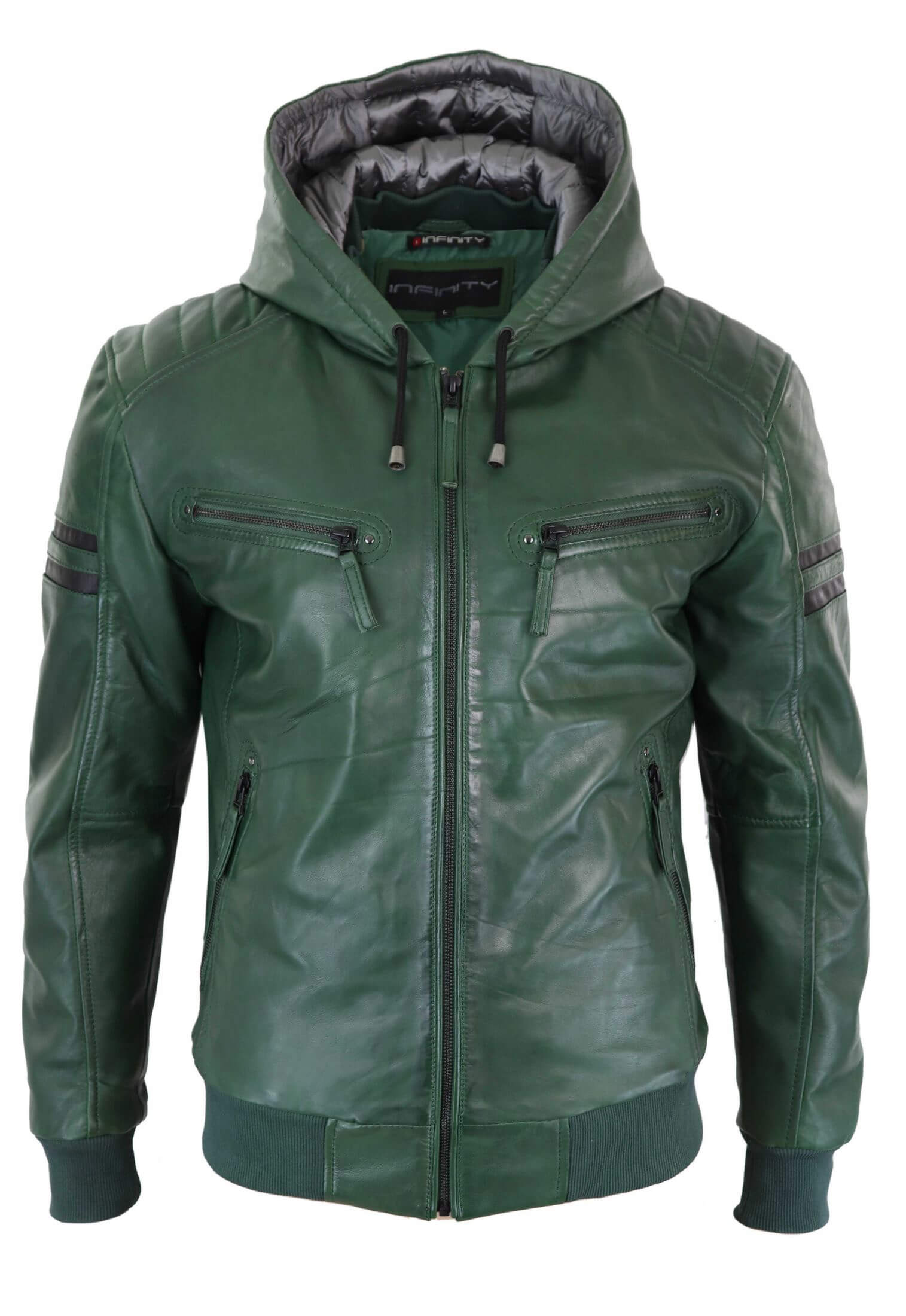 Jaqueta Bomber Masculina de Couro Legítimo com Capuz - Verde
