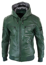 Jaqueta Bomber Masculina de Couro Legítimo com Capuz - Verde