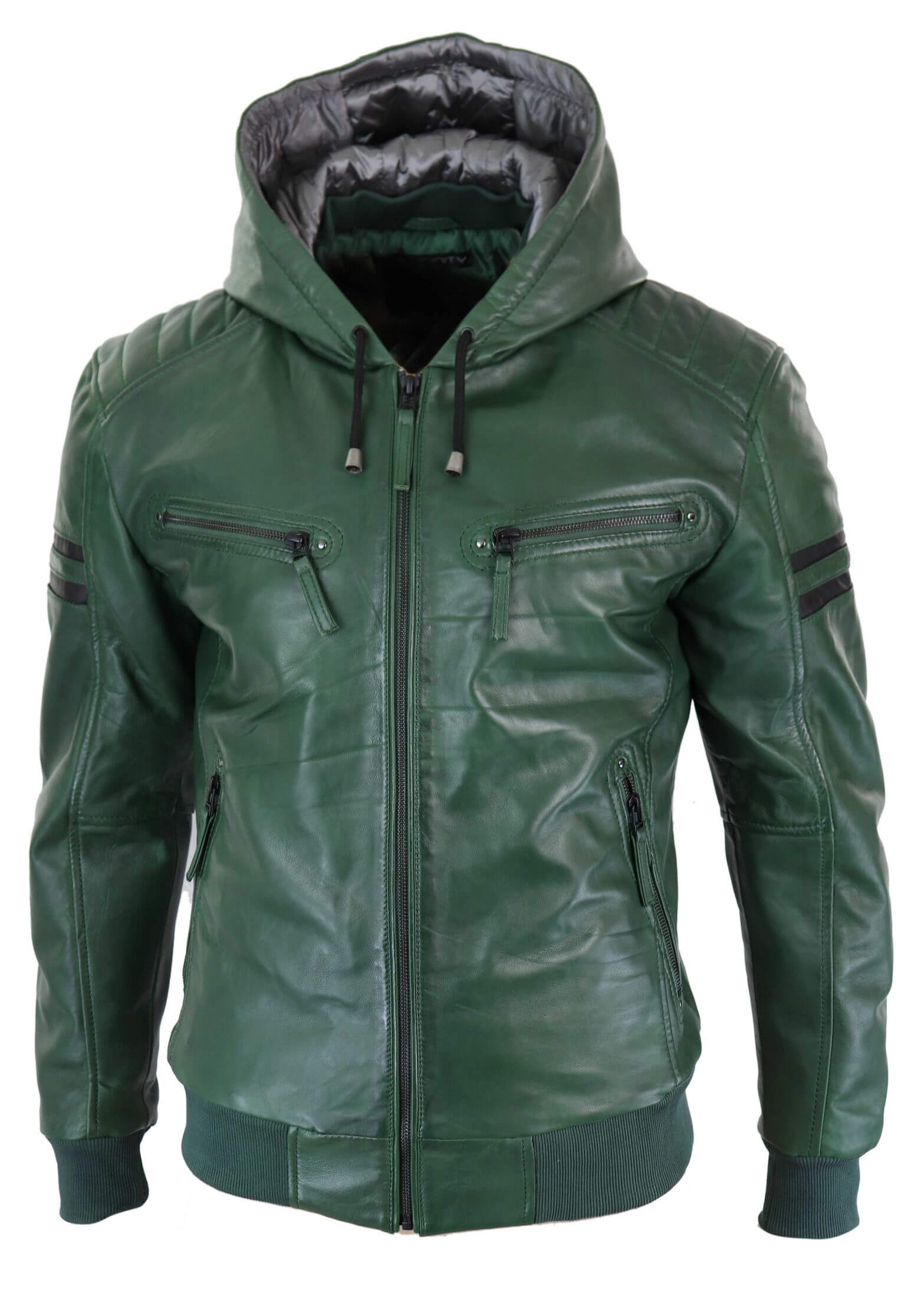 Jaqueta Bomber Masculina de Couro Legítimo com Capuz - Verde