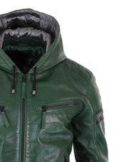 Jaqueta Bomber Masculina de Couro Legítimo com Capuz - Verde