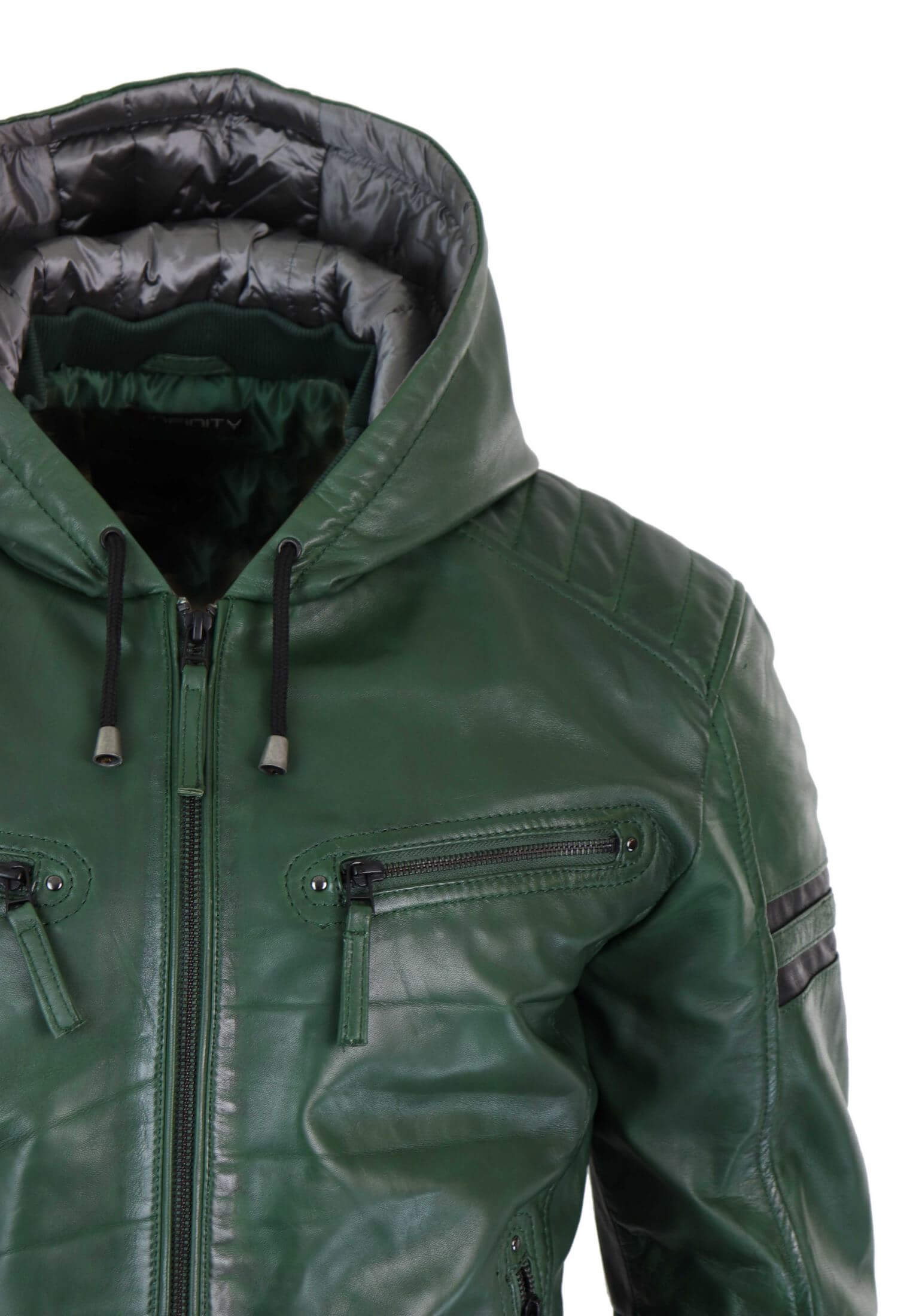 Jaqueta Bomber Masculina de Couro Legítimo com Capuz - Verde