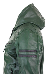 Jaqueta Bomber Masculina de Couro Legítimo com Capuz - Verde