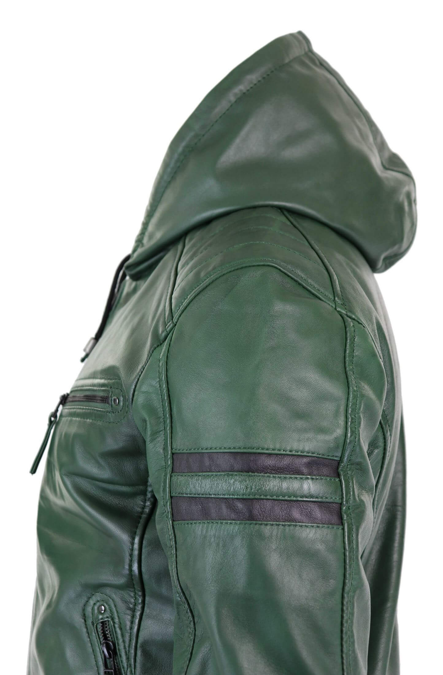 Jaqueta Bomber Masculina de Couro Legítimo com Capuz - Verde