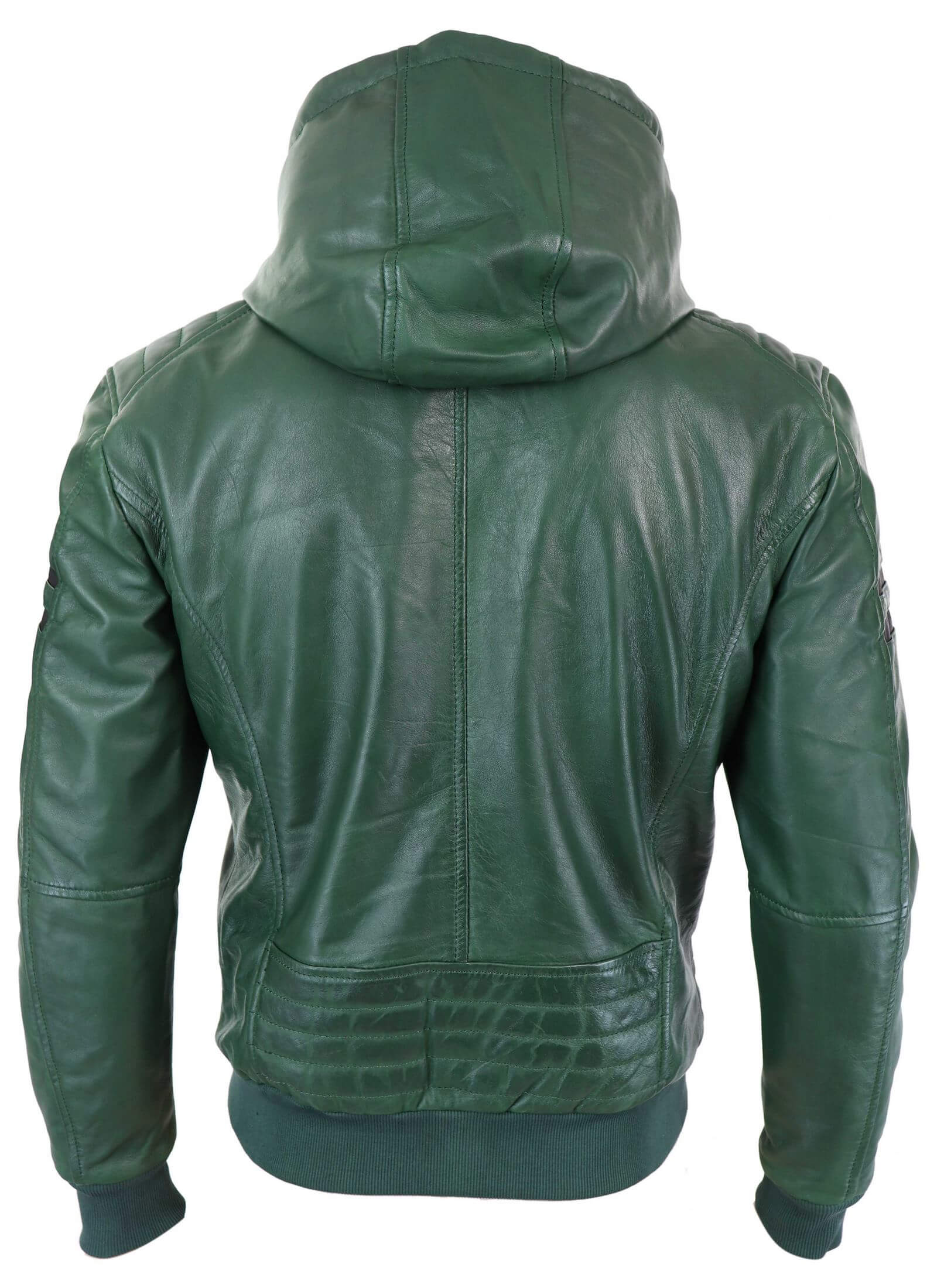 Jaqueta Bomber Masculina de Couro Legítimo com Capuz - Verde