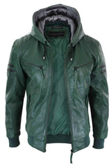 Jaqueta Bomber Masculina de Couro Legítimo com Capuz - Verde