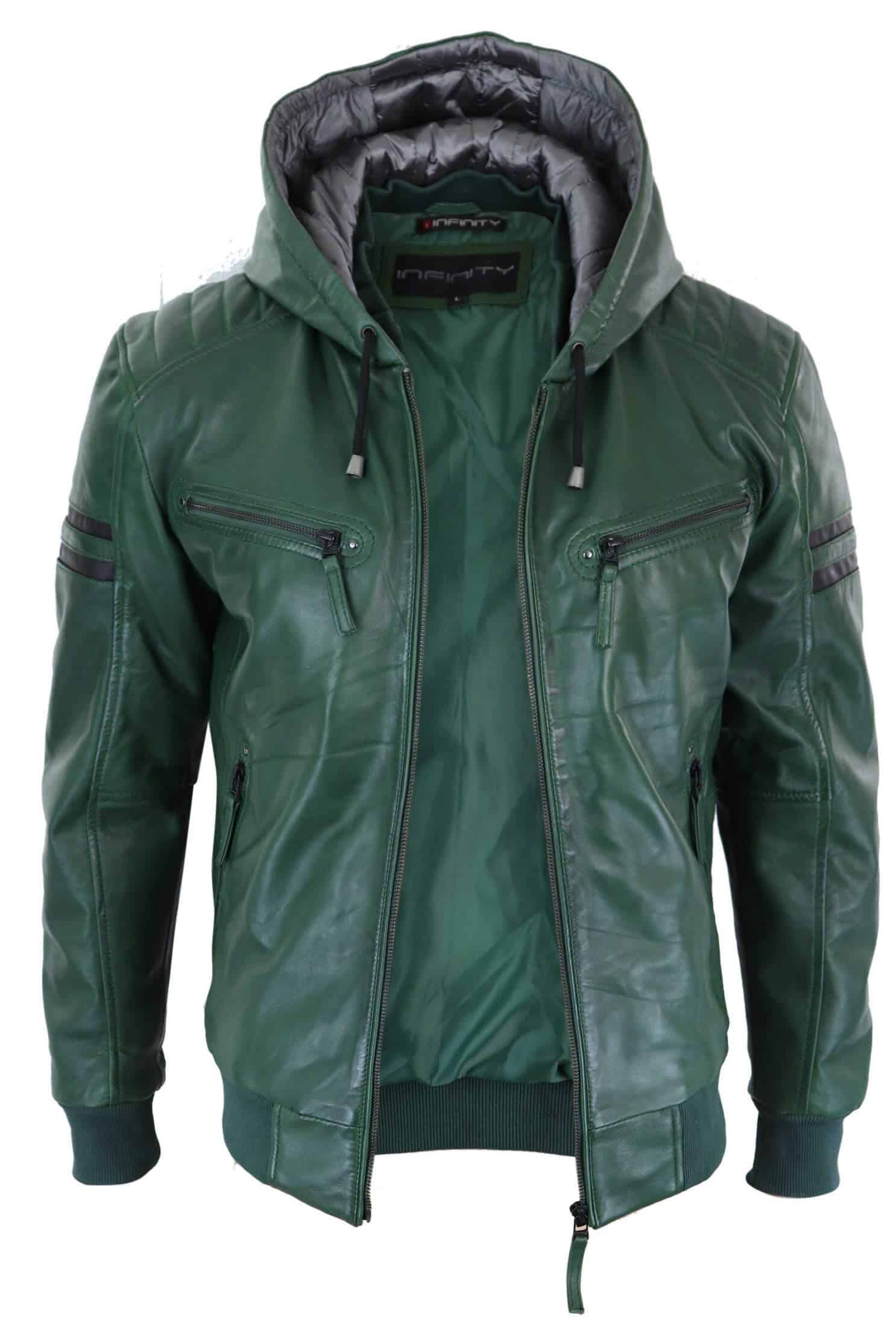 Jaqueta Bomber Masculina de Couro Legítimo com Capuz - Verde