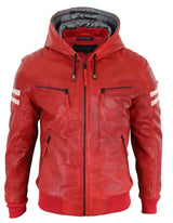Jaqueta Bomber Masculina de Couro Legítimo com Capuz - Vermelha